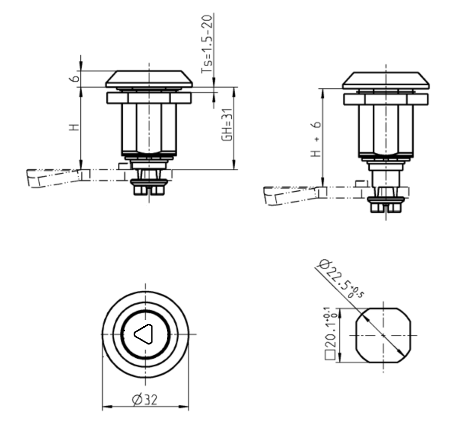 Kompressionslås, indsats 90°, trykstøbt zink, Trekant 7, vandring=6mm, ikke justerbar, pladetykkelse=1,5-20mm