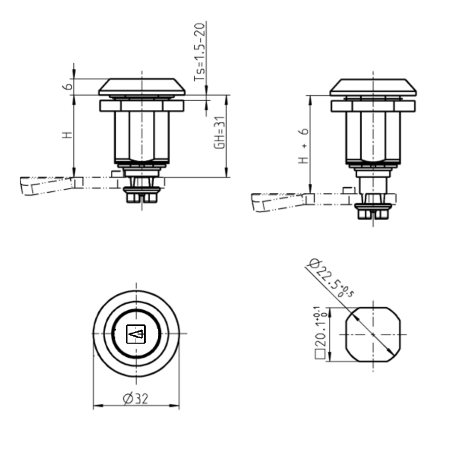 Kompressionslås, indsats 90°, trykstøbt zink, Firkant 8, vandring=6mm, ikke justerbar, pladetykkelse=1,5-20mm