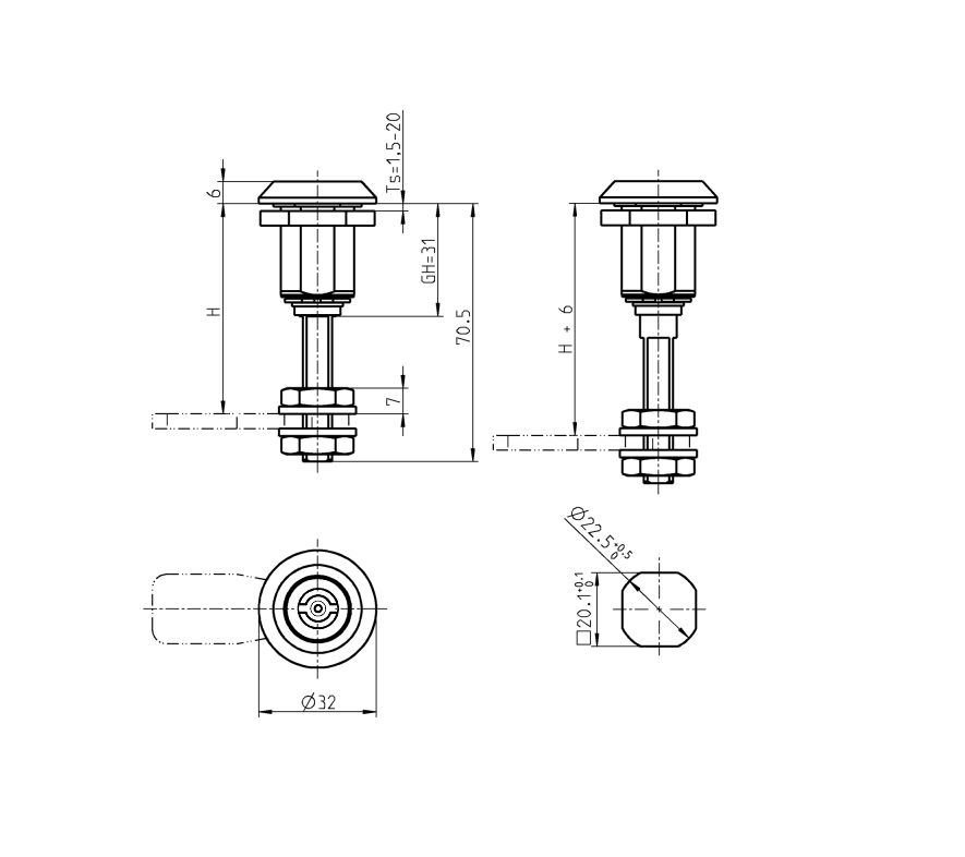 Kompressionslås, indsats 90°, trykstøbt zink, DIN 3, vandring=6mm, justerbar, pladetykkelse=1,5-20mm