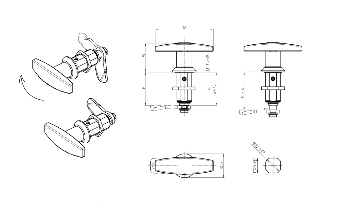 Kompressionslås, håndgreb 90°, trykstøbt zink, T-greb, vandring=6mm, ikke justerbar, pladetykkelse=1,5-30mm