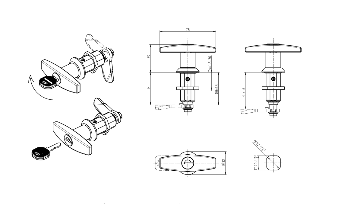 Kompressionslås, håndgreb 90°, trykstøbt zink, T-greb, vandring=6mm, ikke justerbar, pladetykkelse=1,5-30mm