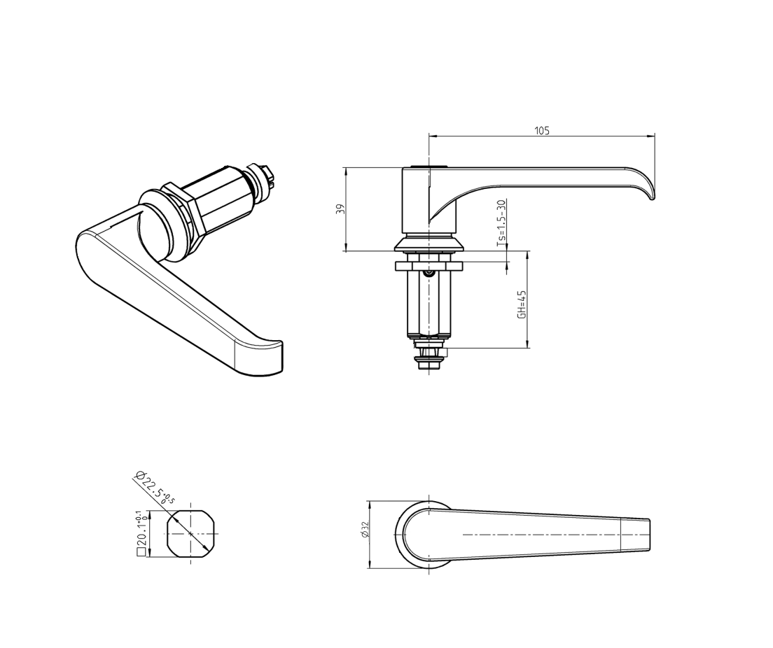 Kompressionslås, håndgreb 90°, trykstøbt zink, L-greb, vandring=6mm, ikke justerbar, pladetykkelse=1,5-30mm