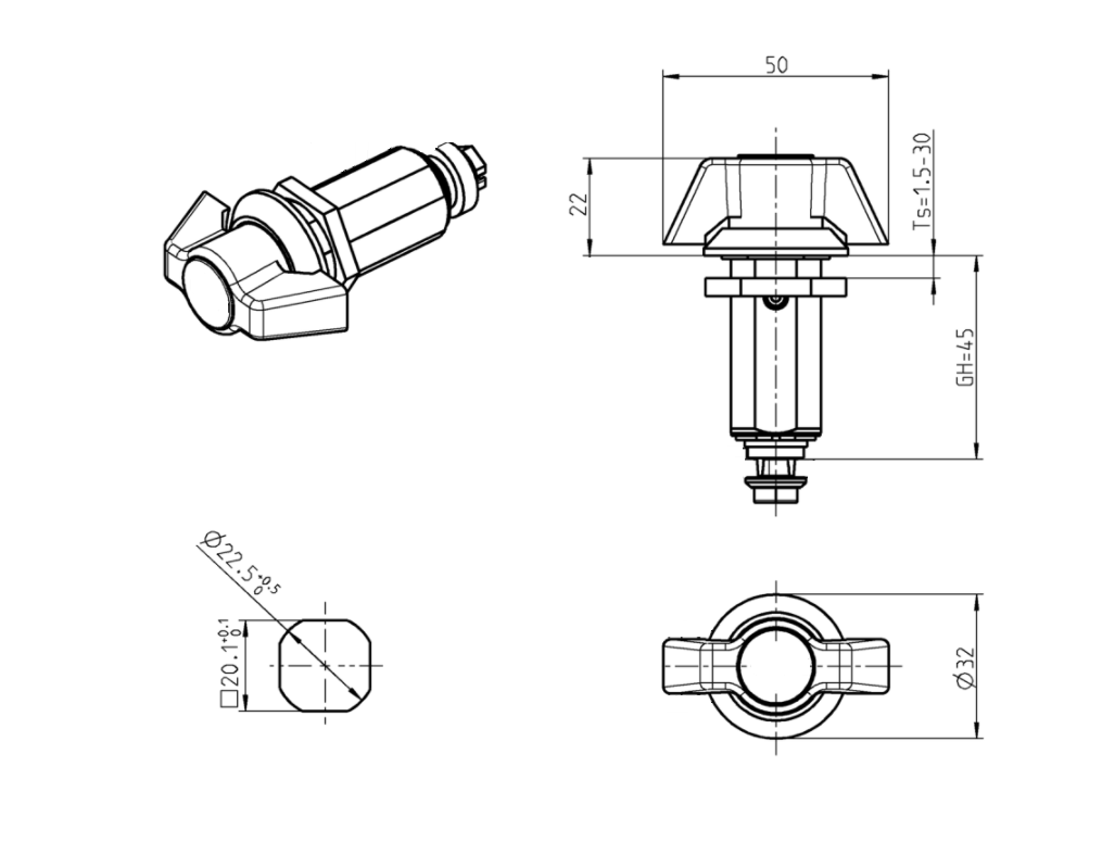 Kompressionslås, håndgreb 90°, trykstøbt zink, Vingegreb, vandring=6mm, ikke justerbar, pladetykkelse=1,5-30mm