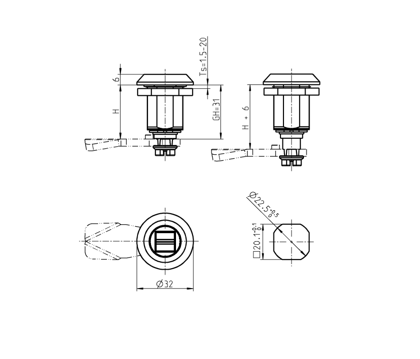 Kompressionslås, indsats 90°, trykstøbt zink, Tog standard, vandring=6mm, ikke justerbar, pladetykkelse=1,5-20mm