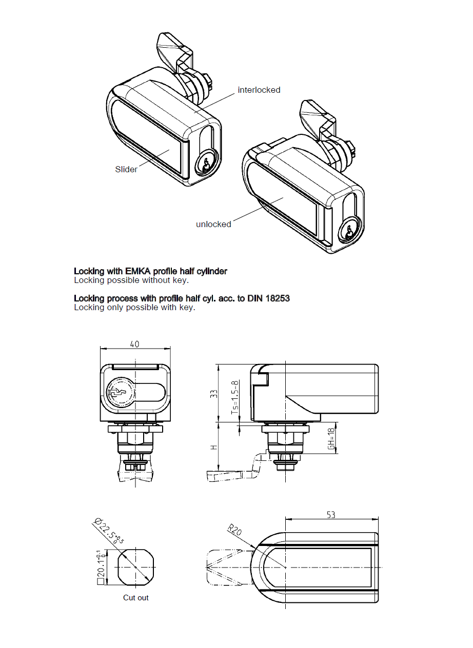 Låsehus med l-greb, profilhalvcylinder, trykstøbt zink, L=53mm, GH=18mm, pladetykkelse=1,5-8mm