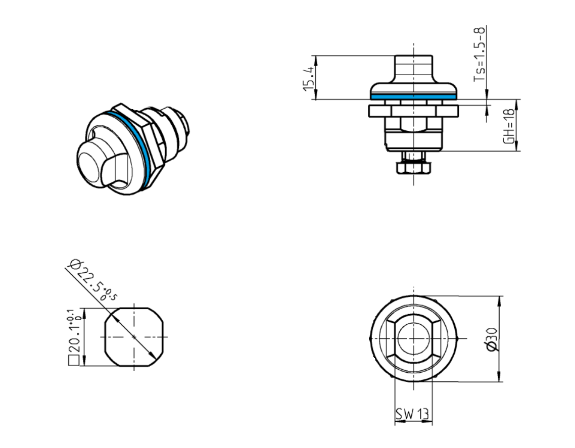 Hygiejnelås, syrefast stål, D=30mm, GH=18mm, pladetykkelse=1,5-8mm