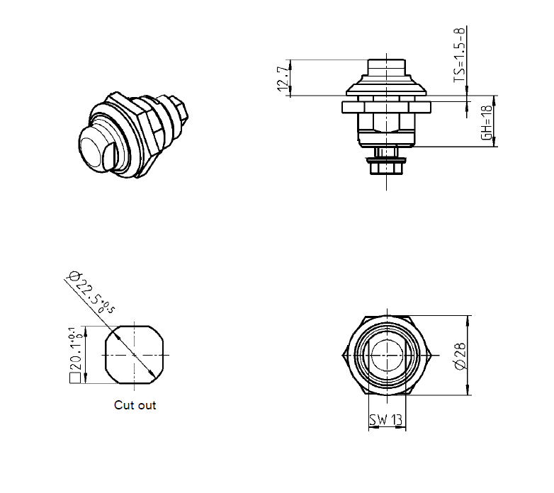 Hygiejnelås, rustfrit stål, D=28mm, GH=18mm, pladetykkelse=1,5-8mm