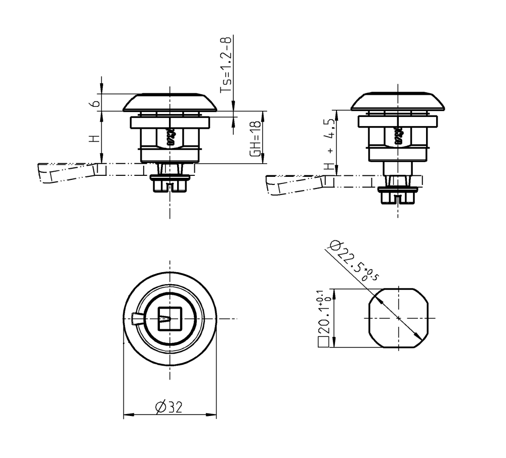 Kompressionslås, indsats 90°, trykstøbt zink, Firkant 8, vandring=4,5mm, ikke justerbar, pladetykkelse=1,2-8mm