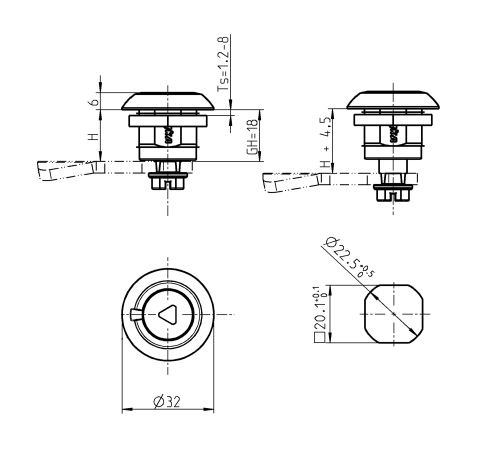 Kompressionslås, indsats 90°, trykstøbt zink, Trekant 8, vandring=4,5mm, ikke justerbar, pladetykkelse=1,2-8mm