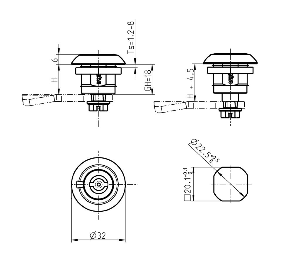 Kompressionslås, indsats 90°, trykstøbt zink, DIN 3, vandring=4,5mm, ikke justerbar, pladetykkelse=1,2-8mm