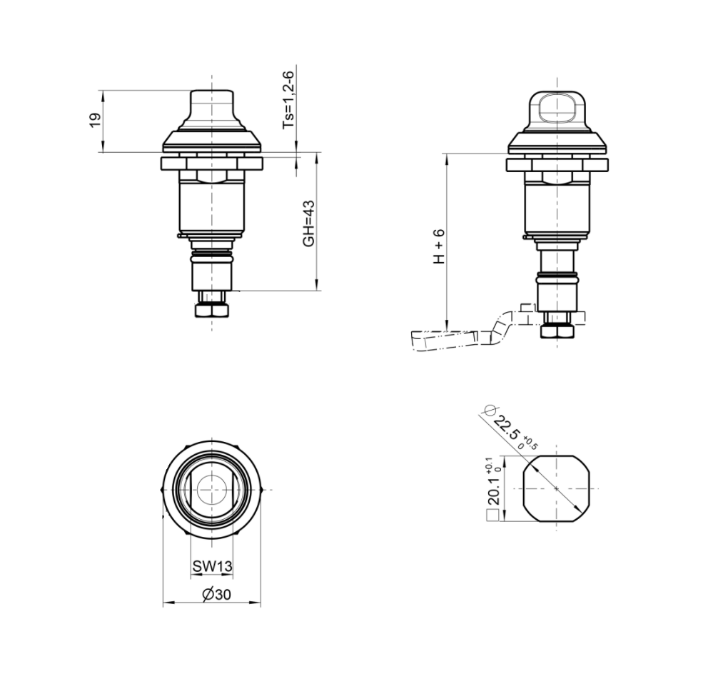 Hygiejnelås, syrefast stål, D=30mm, GH=43mm, pladetykkelse=1,2-6mm