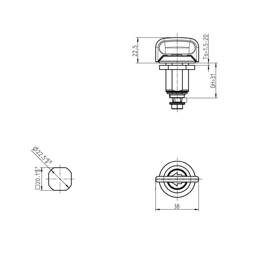 Kompressionslås, håndgreb 90°, trykstøbt zink, Vingegreb, vandring=6mm, ikke justerbar, pladetykkelse=1,5-20mm