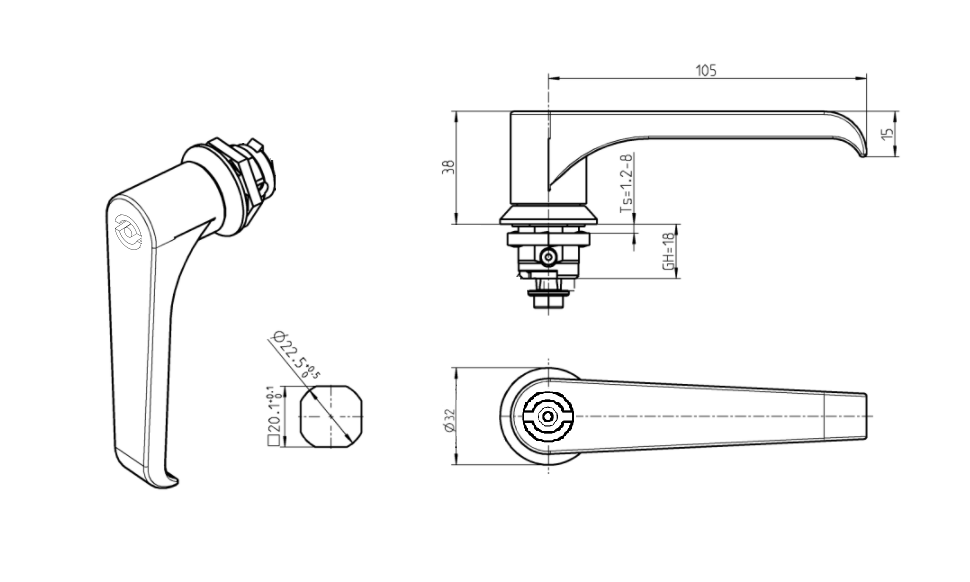 Låsehus med l-greb, din 5, trykstøbt zink, L=105mm, GH=18mm, pladetykkelse=1,2-8mm