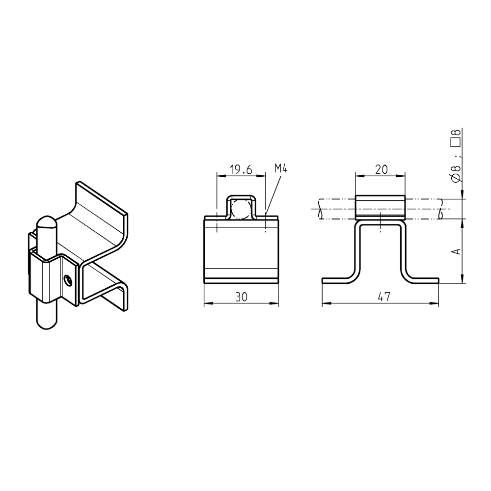 Stangføring, stål, påsvejsning, L=20, D=8