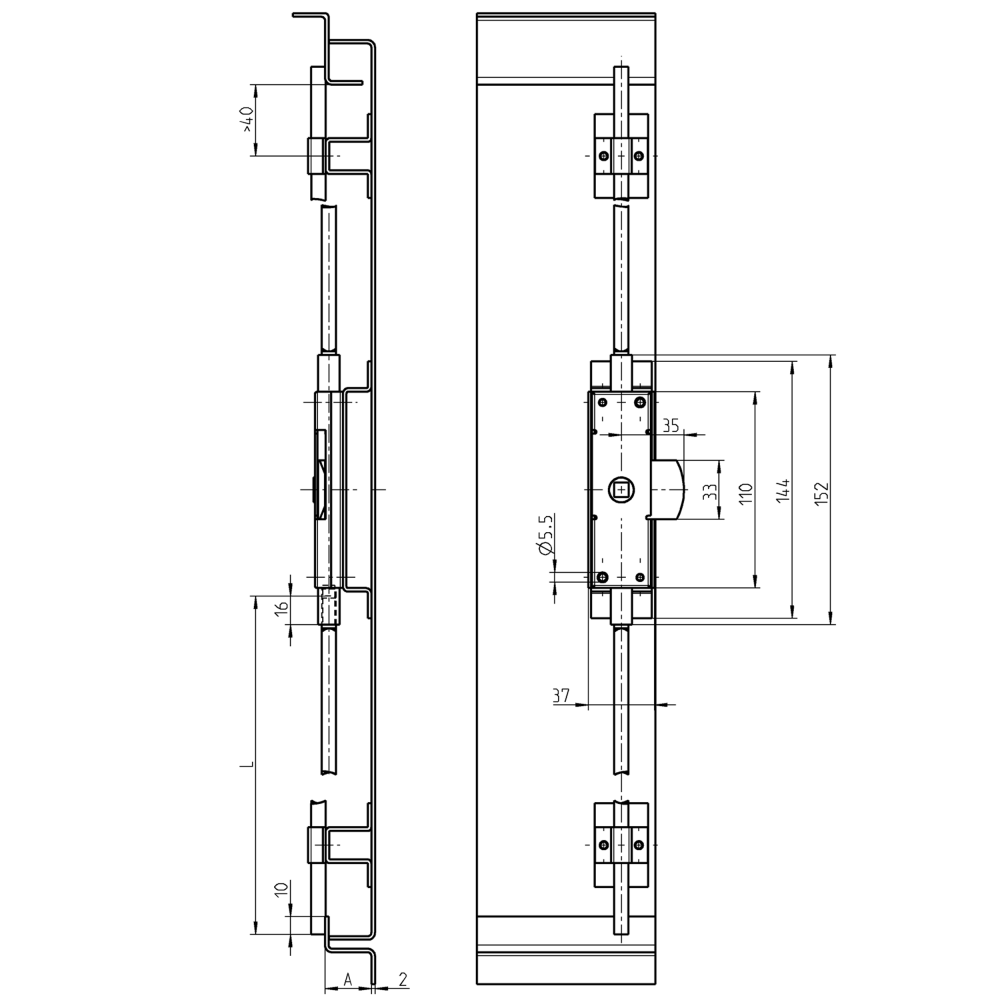 Låsekasse, stål, universel, L=152, M8, A-mål=20 og 26
