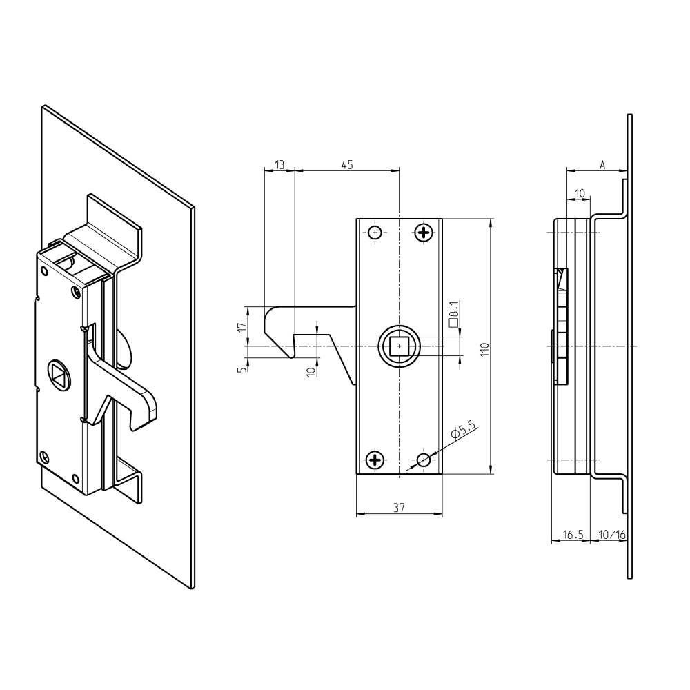 Låsekasse, stål, påsvejsning, L=110, A-mål=20 og 26