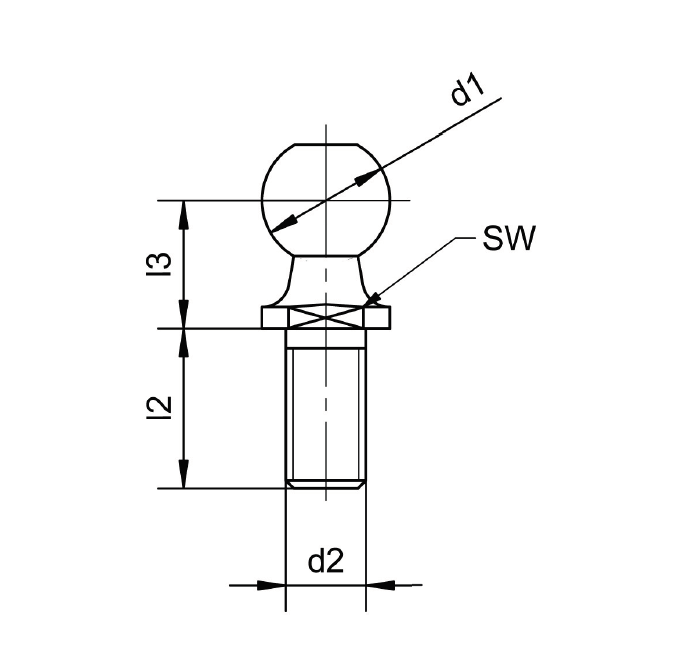 Endestykke, kuglehoved bolt, stål, M6