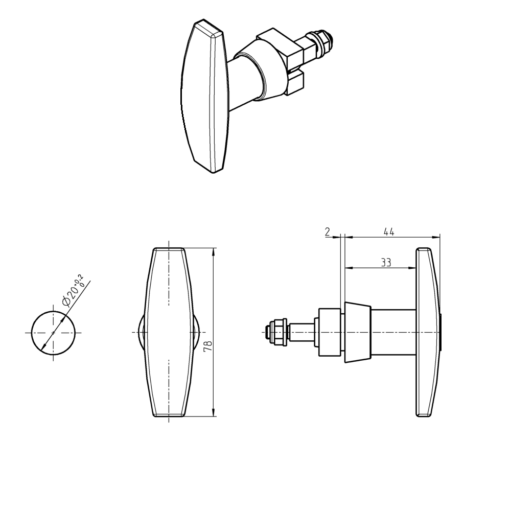T-greb, trykstøbt zink, påsvejsning, L=78, A-mål=20, Uden lås