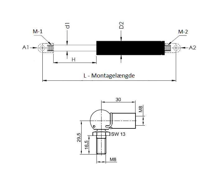 Gasfjeder, stål, M8 gevind, slaglængde = 200 mm, Kraft = 1000 N