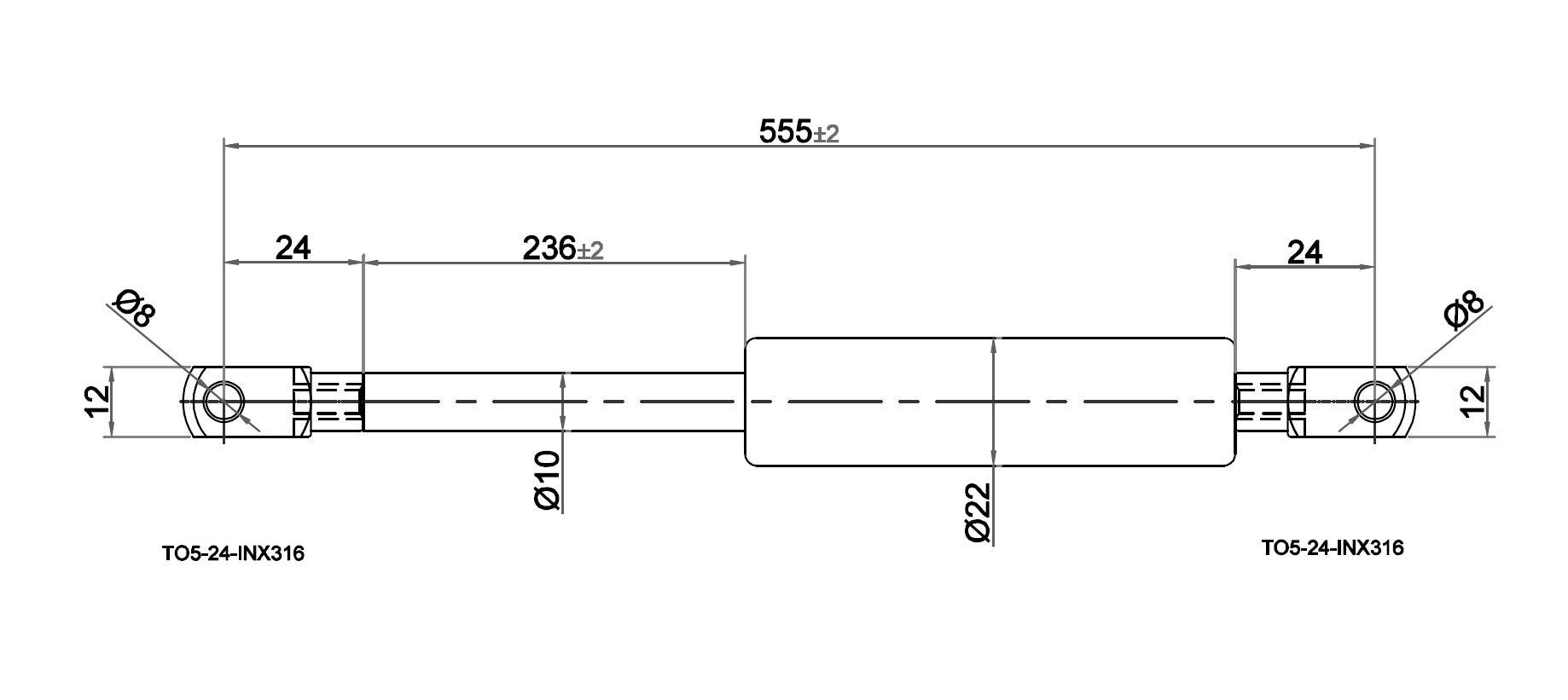Gasfjeder, syrefast stål,  gevind, slaglængde = 236 mm, Kraft = 785 N