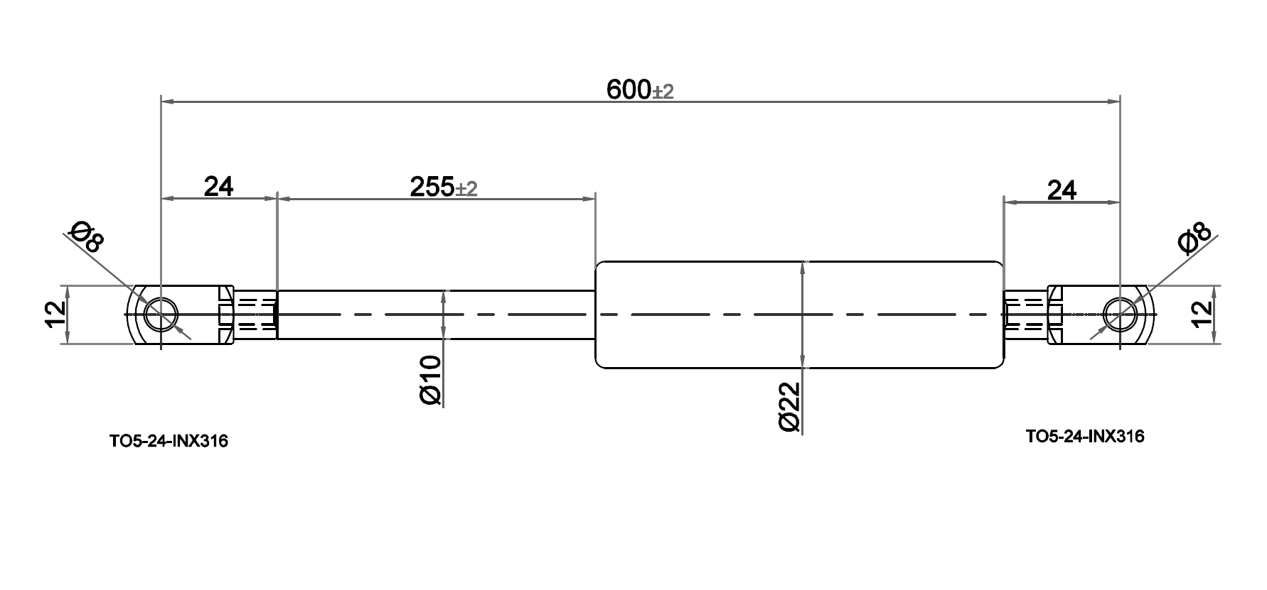 Gasfjeder, syrefast stål,  gevind, slaglængde = 255 mm, Kraft = 735 N