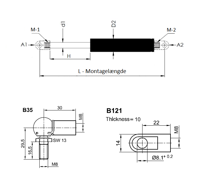Gasfjeder, stål, M8 gevind, slaglængde = 300 mm, Kraft = 400 N