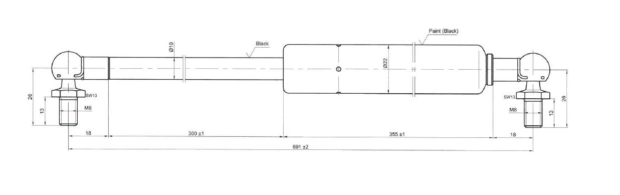 Gasfjeder, stål, M8 gevind, slaglængde = 300 mm, Kraft = 400 N