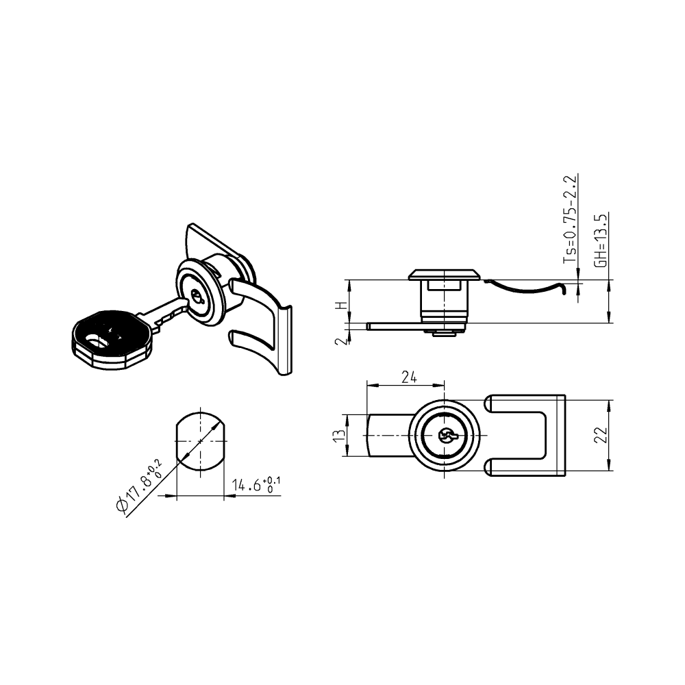 Komplet tungelås, D=22mm, L=24mm, GH=13,5mm, trykstøbt zink, pladetykkelse=0,75-2,2 mm