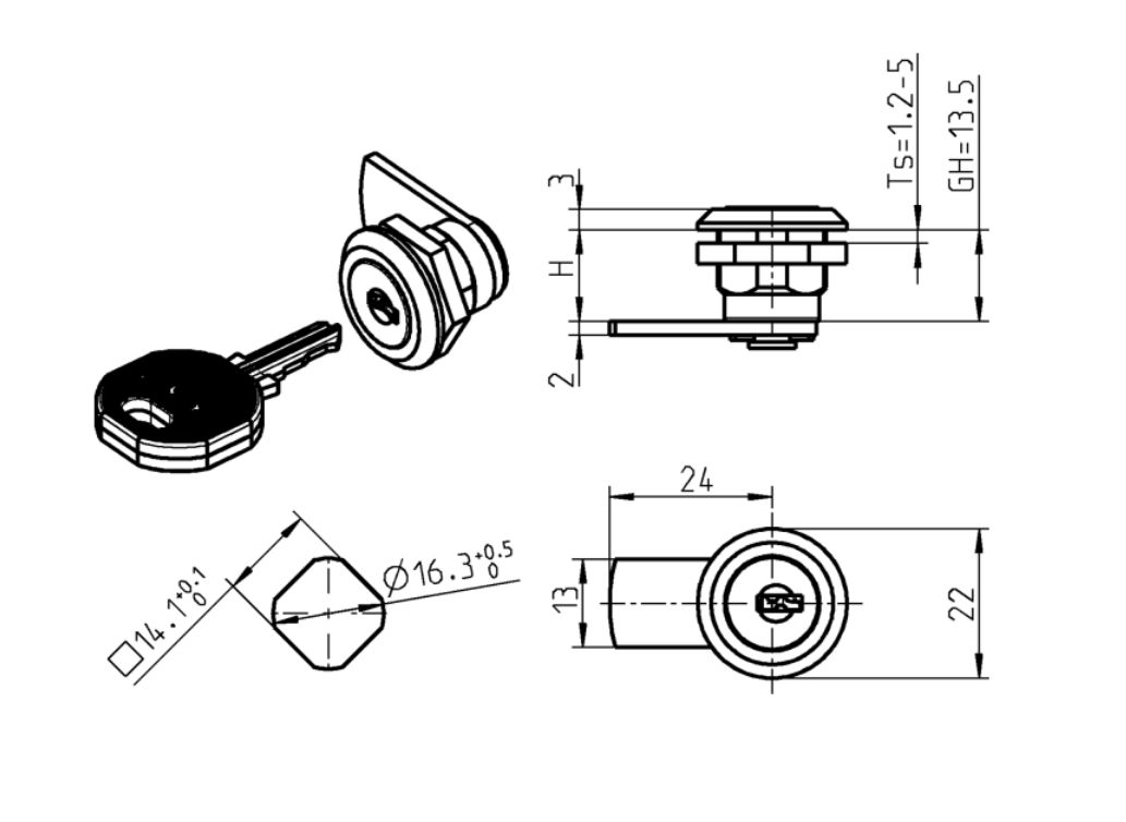 Komplet tungelås, D=22mm, L=24mm, GH=13,5mm, trykstøbt zink, pladetykkelse=1,2-5 mm