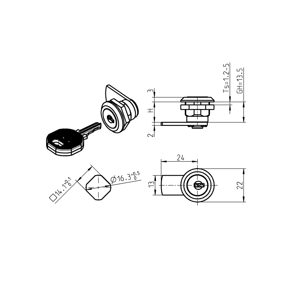 Komplet tungelås, D=22mm, L=24mm, GH=13,5mm, trykstøbt zink, pladetykkelse=1,2-5 mm