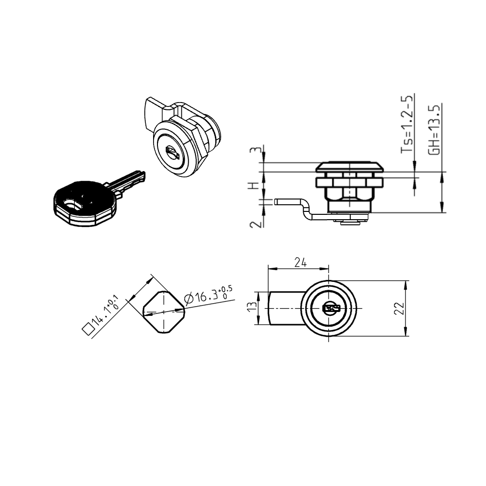 Komplet tungelås, D=22mm, L=24mm, GH=13,5mm, trykstøbt zink, pladetykkelse=1,2-5 mm