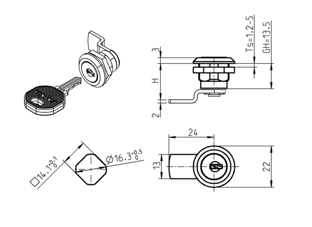 Komplet tungelås, D=22mm, L=24mm, GH=13,5mm, trykstøbt zink, pladetykkelse=1,2-5 mm
