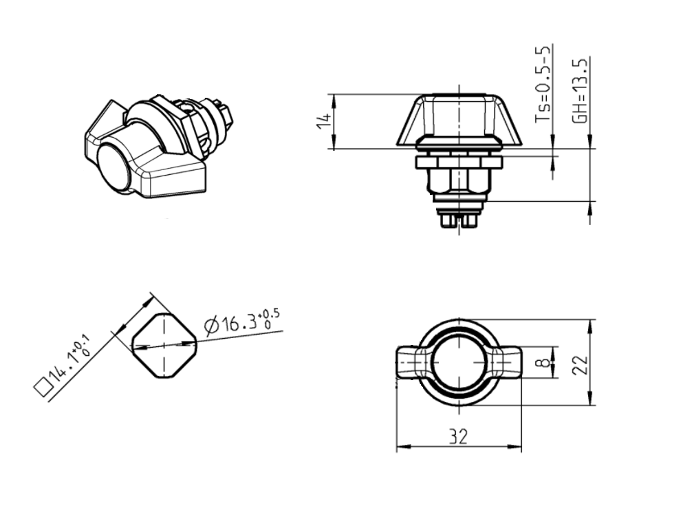Låsehus med vingegreb, uden lås, trykstøbt zink, L=32mm, GH=13,5mm, pladetykkelse=0,5-5,5mm