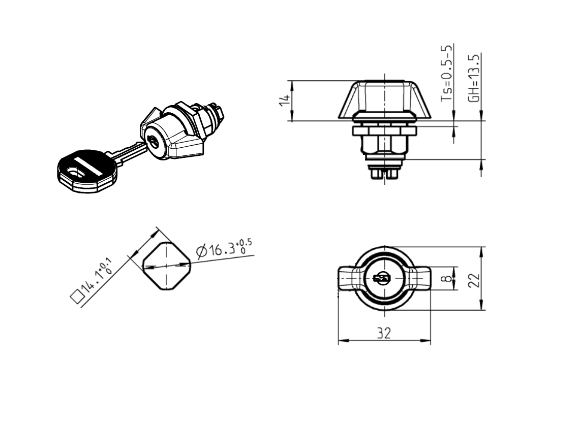 Låsehus med vingegreb, enslåsende ek2233x, trykstøbt zink, L=32mm, GH=13,5mm, pladetykkelse=0,5-5mm