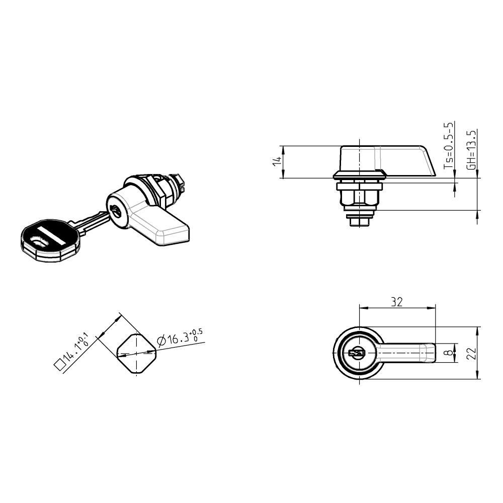 Låsehus med vingegreb, enslåsende ek2233x, trykstøbt zink, L=32mm, GH=13,5mm, pladetykkelse=0,5-5mm