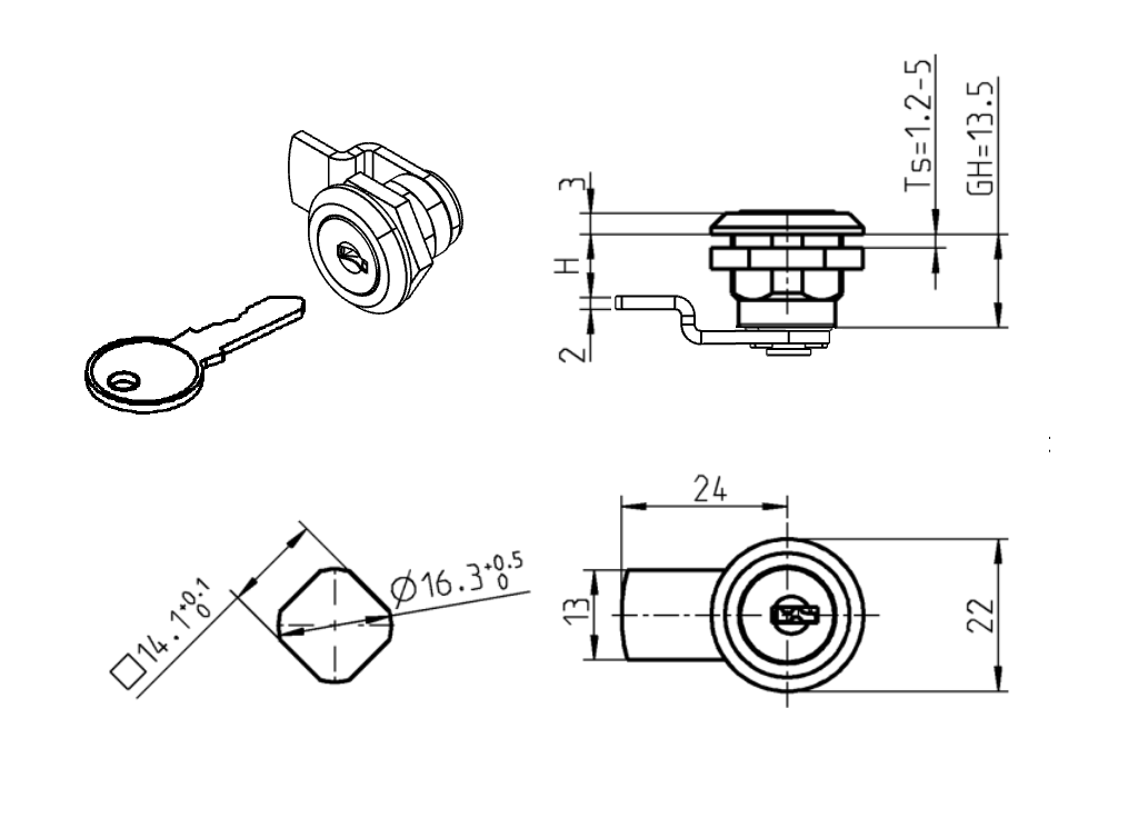 Komplet tungelås, D=22mm, L=24mm, GH=13,5mm, glasfiberforstærket polyamid, pladetykkelse=1,2-5 mm