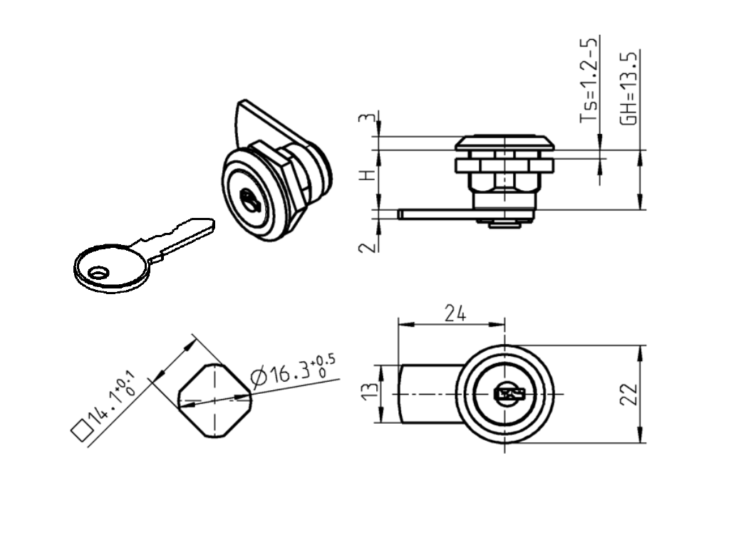 Komplet tungelås, D=22mm, L=24mm, GH=13,5mm, glasfiberforstærket polyamid, pladetykkelse=1,2-5 mm