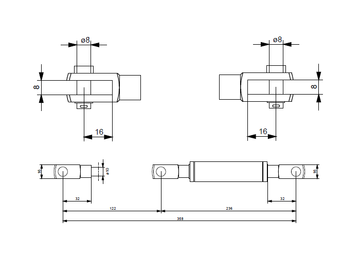 Gasfjeder, syrefast stål, M8 gevind, slaglængde = 122 mm, Kraft = 100 N