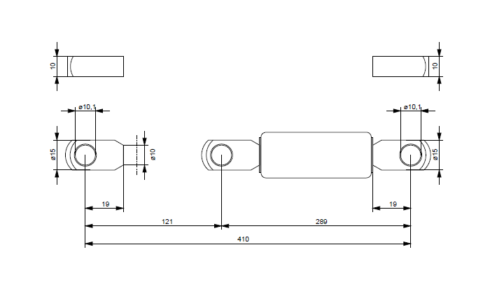 Gasfjeder, stål, M8 gevind, slaglængde = 121 mm, Kraft = 600 N
