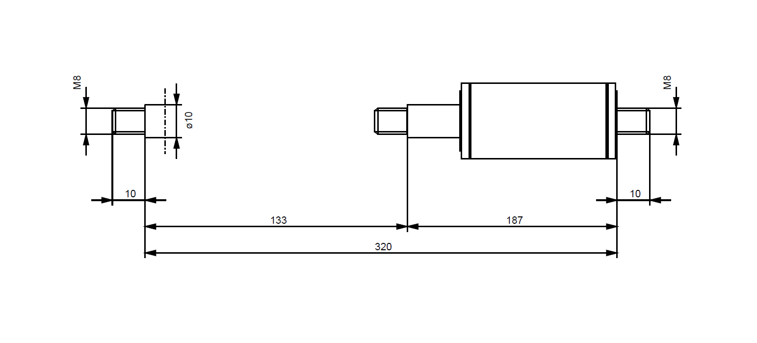 Gasfjeder, rustfrit stål, M8 gevind, slaglængde = 133 mm, Kraft = 400 N