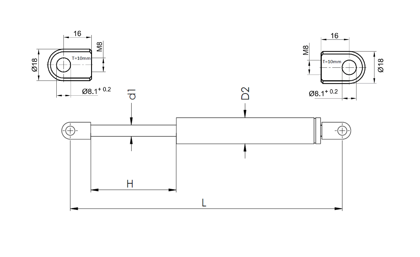 Gasfjeder, rustfrit stål, M8 gevind, slaglængde = 200 mm, Kraft = 900 N