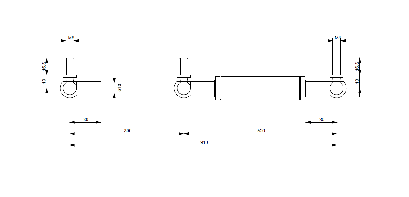 Gasfjeder, stål, M8 gevind, slaglængde = 390 mm, Kraft = 250 N