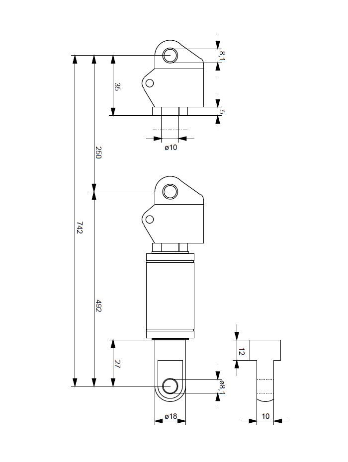 Bloklift, syrefast stål, kraft = 1200 N, slaglængde = 250 mm, M10