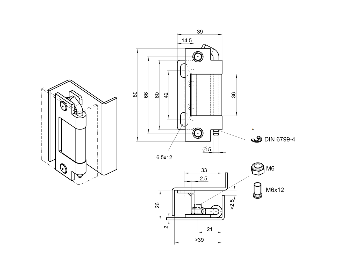 Kabinethængsel, stål, udvendig skjult, løs dorn, L=80, B=39, H=26