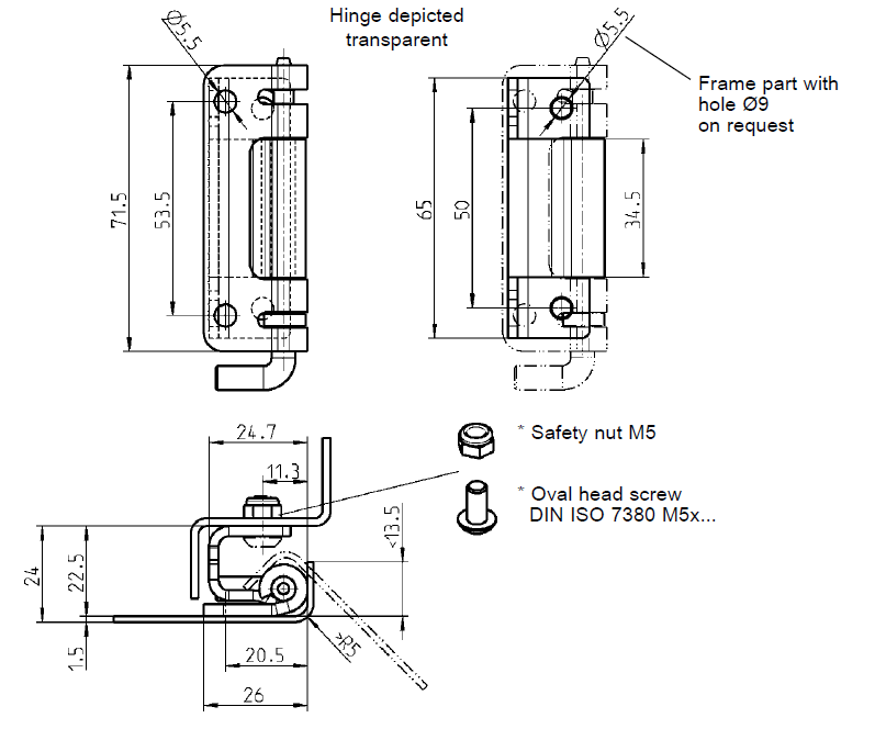 Kabinethængsel, rustfrit stål, udvendig skjult, løs dorn, L=71,5, B=26, H=24