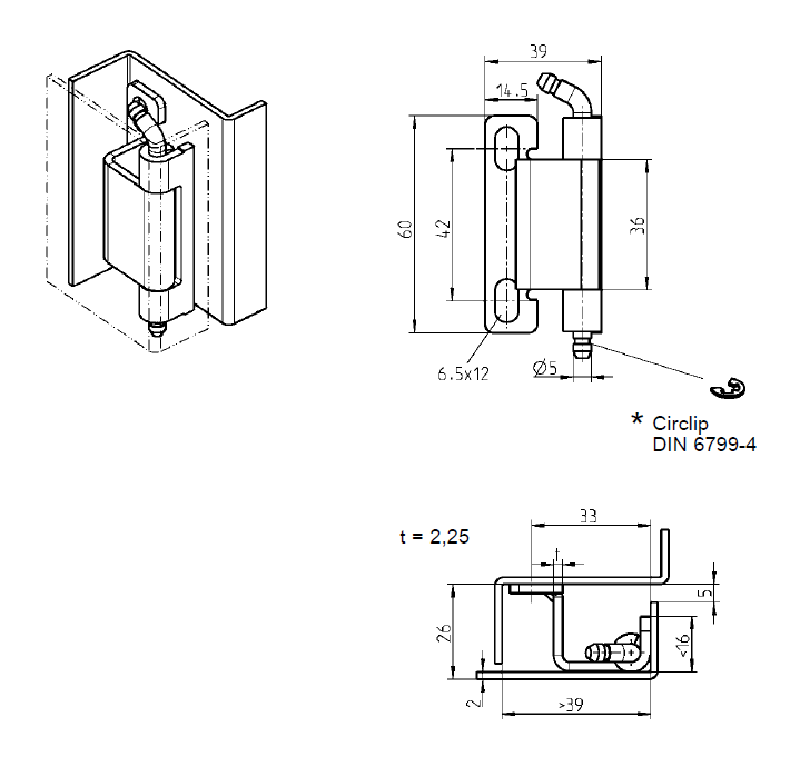 Kabinethængsel, rustfrit stål, udvendig skjult, løs dorn, L=60, B=39, H=26