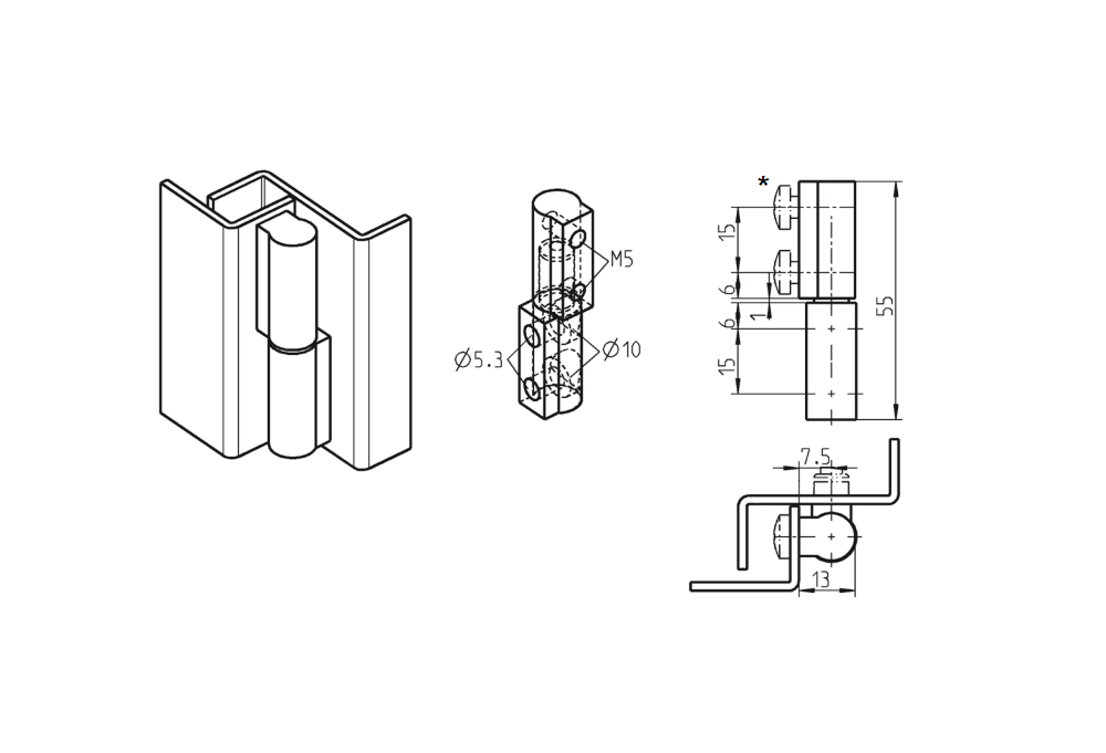 Kabinethængsel, stål, udvendig synlig, lift off dorn, L=55, B=13, H=13