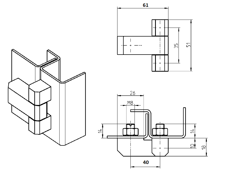 Kabinethængsel, stål, indvendig synlig, fast dorn, L=51, B=61, H=18