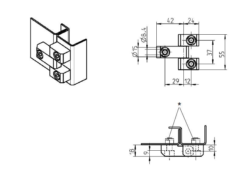 Kabinethængsel, stål, indvendig synlig, fast dorn, L=55, B=66, H=18