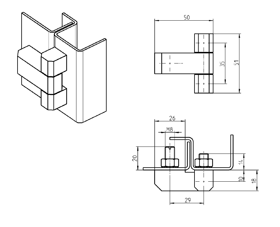 Kabinethængsel, rustfrit stål, indvendig synlig, fast dorn, L=51, B=50, H=18